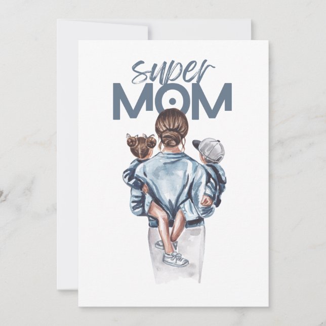 Cartão De Festividades Personalized Super Mom with Son and Daughter Gift (Frente)