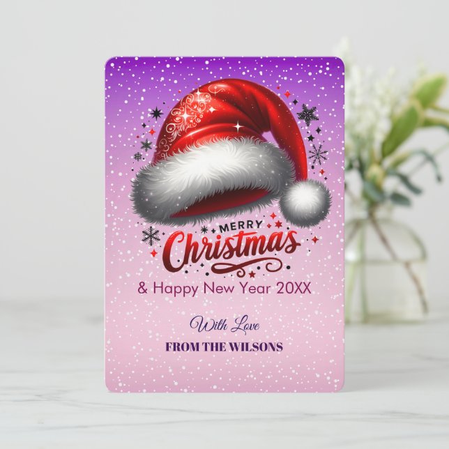 Cartão De Festividades Personlized Scarlet Santa Hat Glow Photo Card (Em pé/Frente)