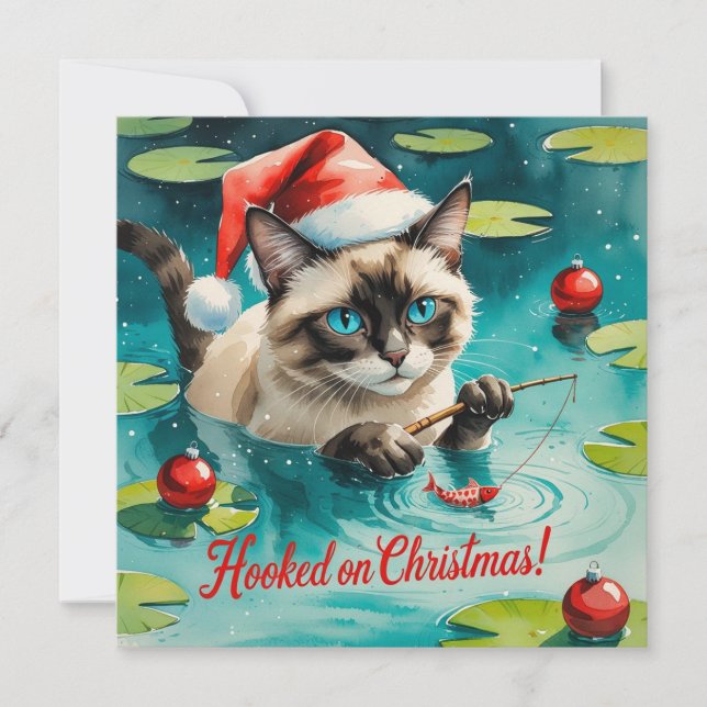 Cartão De Festividades Pesca de Natal temático para os amantes de gato (Frente)