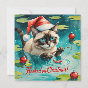 Cartão De Festividades Pesca de Natal temático para os amantes de gato
