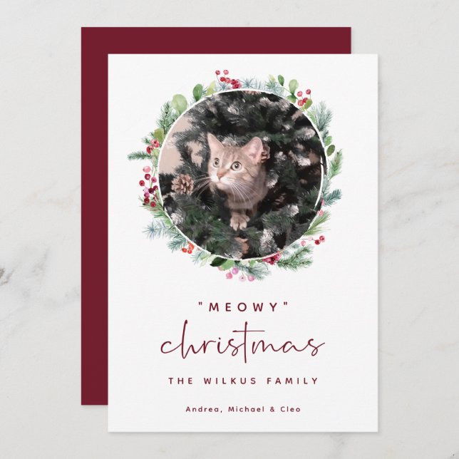 Cartão De Festividades Pet Christmas Card with Photo Cat Wreath (Frente/Verso)