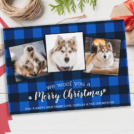 Cartão De Festividades Pet Photo Blue Xadrez Natal personalizado para o s