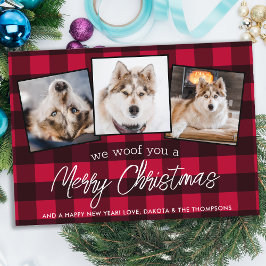 Cartão De Festividades Pet Photo Dog da Xadrez Vermelha no Natal