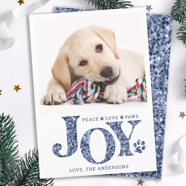Cartão De Festividades Pet Photo Personalizado JOY Blue Paw Print Dog (Criador carregado)