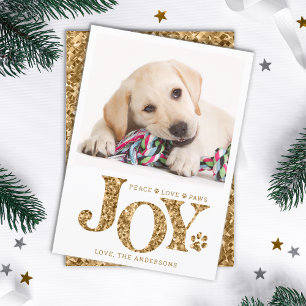 Cartão De Festividades Pet Photo Personalizado JOY Dourado Paw Print Dog