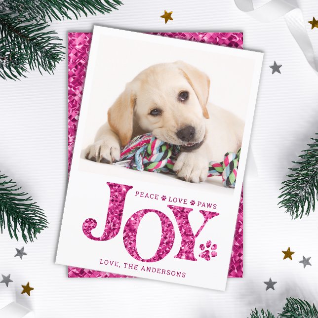 Cartão De Festividades Pet Photo Personalizado JOY Pink Paw Print Dog (Criador carregado)