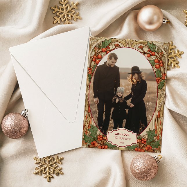 Cartão De Festividades Photo Antique Holly Berry Christmas (Criador carregado)