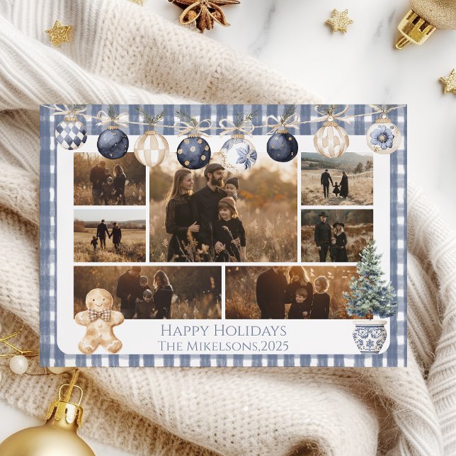 Cartão De Festividades Photo Blue Gingham Ornament Family Christmas (Criador carregado)