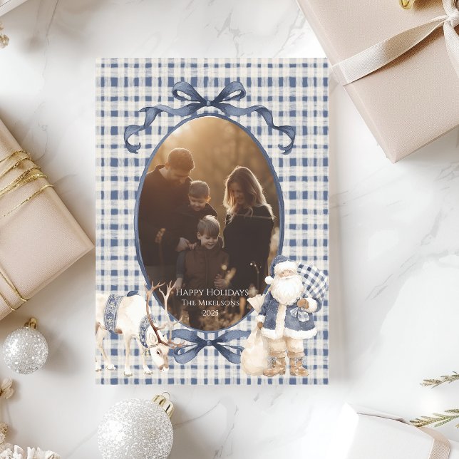 Cartão De Festividades Photo Blue Gingham Santa Family Christmas (Criador carregado)