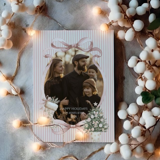Cartão De Festividades Photo Blush Ribbon Tree Christmas (Criador carregado)