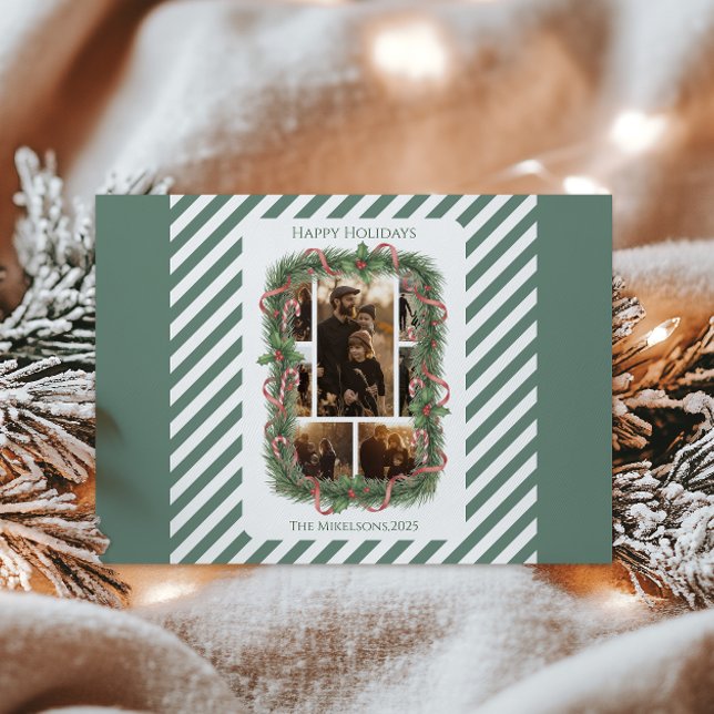 Cartão De Festividades Photo Candy Cane Wreath Family Christmas (Criador carregado)