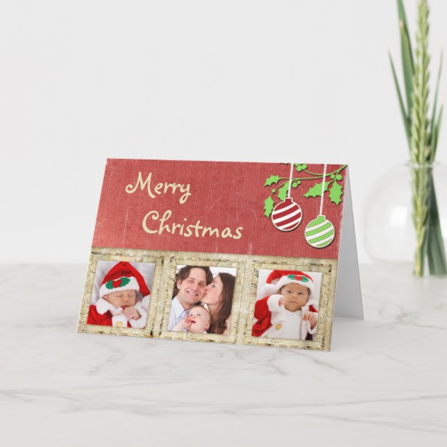 Cartão De Festividades Photo Christmas Card Red with Ornaments (Frente)