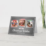 Cartão De Festividades Photo Christmas Wishes Holiday Chalkboard Folded<br><div class="desc">Chalkboard photo holiday greetings card, by red_dress, featuring the words "Christmas wishes", in white and retro shadow font, a thin white border / line, a white ribbon / banner and three photos template, with festive and patterned washi tape (red and white polka dots, red and white diagonal stripes and green...</div>