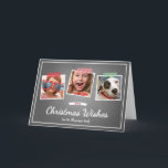 Cartão De Festividades Photo Christmas Wishes Holiday Chalkboard Folded<br><div class="desc">Chalkboard photo holiday greetings card, by red_dress, featuring the words "Christmas wishes", in white and retro shadow font, a thin white border / line, a white ribbon / banner and three photos template, with festive and patterned washi tape (red and white polka dots, red and white diagonal stripes and green...</div>