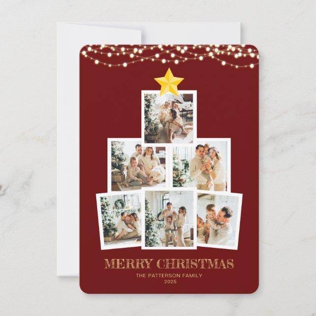 Cartão De Festividades Photo Collage Tree Red String lights Christmas (Frente)