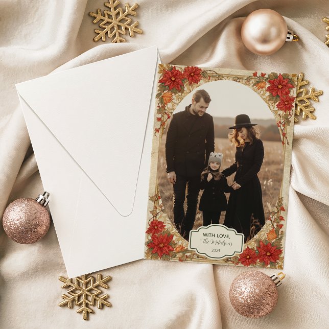 Cartão De Festividades Photo Golden Poinsettia Christmas (Criador carregado)