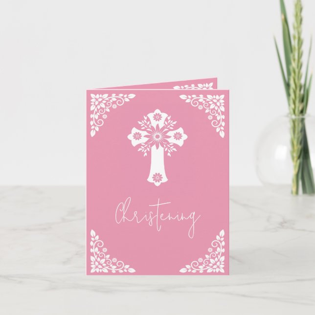 Cartão De Festividades Photo Invitation For Christening Cross Rose Pink (Frente)