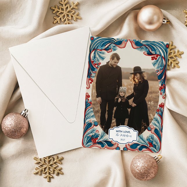 Cartão De Festividades Photo Red Berry & Blue Pine Christmas (Criador carregado)