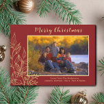 Cartão De Festividades Photo Red Gold  Merry Christmas Holiday Photo Card<br><div class="desc">This stylish Holiday Christmas Card sends Seasons Greetings to family and friends. It is decorated with gold hand-drawn foliage and berries on a burgundy red background. Easily customizable with your photo and names. Because we create our artwork you won't find this exact image from other designers. Original Drawing © Michele...</div>