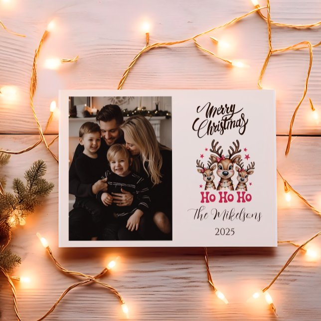 Cartão De Festividades Photo Reindeer Ho Ho Ho Christmas (Criador carregado)