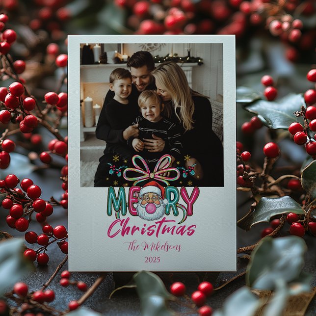 Cartão De Festividades Photo Retro Santa Merry Christmas Coquette Bow (Criador carregado)