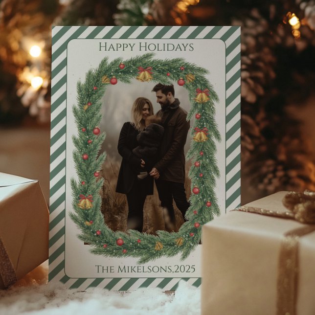 Cartão De Festividades Photo Rustic Evergreen Bell Christmas (Criador carregado)