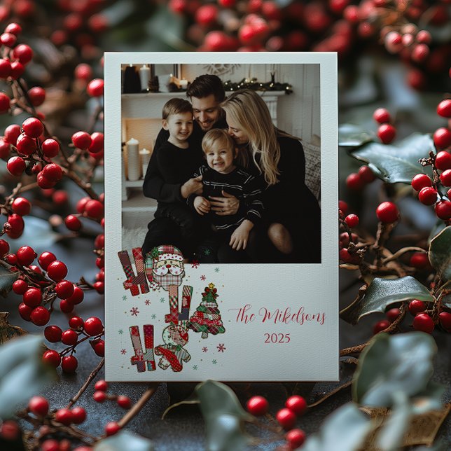 Cartão De Festividades Photo Rustic Patchwork Ho Ho Ho Christmas (Criador carregado)