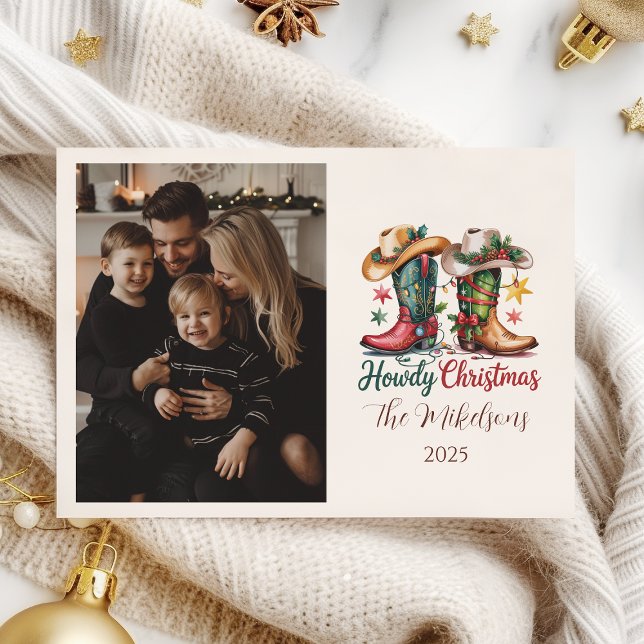 Cartão De Festividades Photo Western Cowboy Boots Rustic Howdy Christmas (Criador carregado)