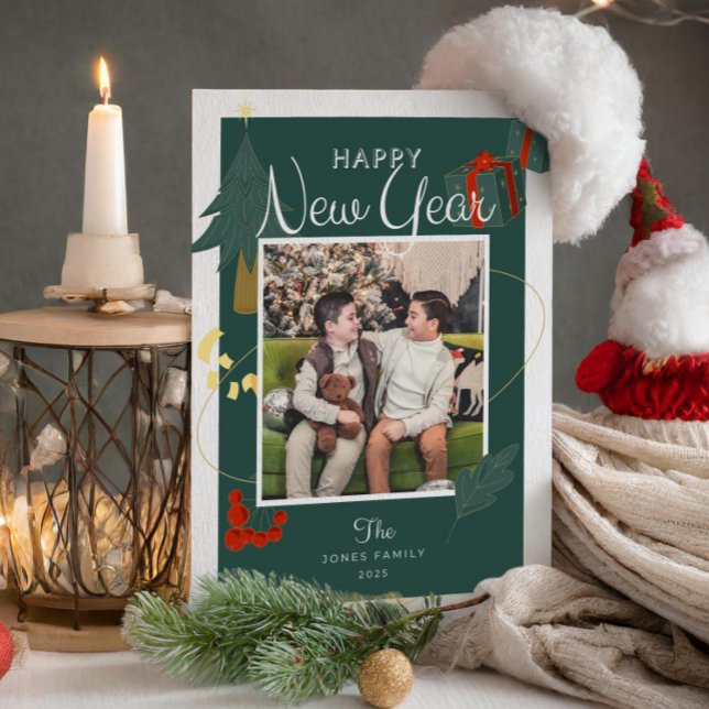 Cartão De Festividades Photos New Year Family Magic Green Red Holiday (Photos New Year Family Magic Green Red Holiday happy new year holiday cards joy to the new year)