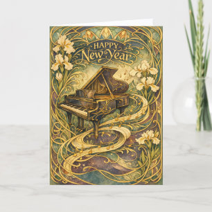 Cartão De Festividades Piano Art Nouveau Floral Feliz Ano Novo