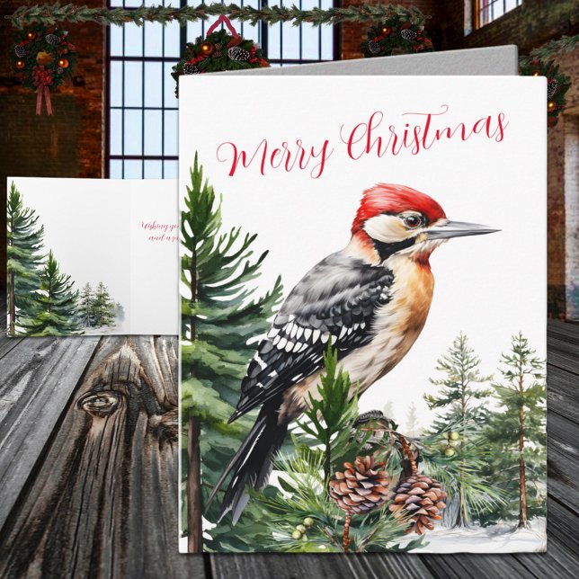 Cartão De Festividades Pica-Pau De inverno Numa Floresta De Pinheiros (Winter Woodland Woodpecker In A Pine Tree Forest Holiday Card)