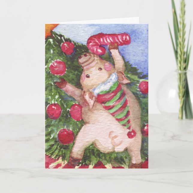 Cartão De Festividades Pig Christmas Watercolor Painting Christmas (Frente)