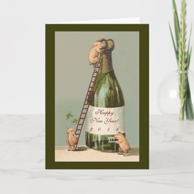 Cartão De Festividades Pigs and Champagne; Cute 2016 New Year's Card (Frente)