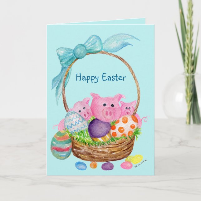 Cartão De Festividades Pigs Happy Easter Card. Pigs, eggs, Easter basket (Frente)
