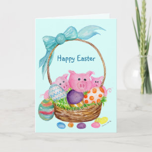 Cartão De Festividades Pigs Happy Easter Card. Pigs, eggs, Easter basket