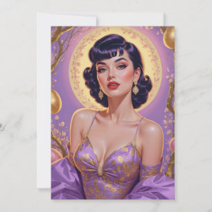 Cartão De Festividades Pin-Up Morena Ovos da Páscoa Dourados e Roxos