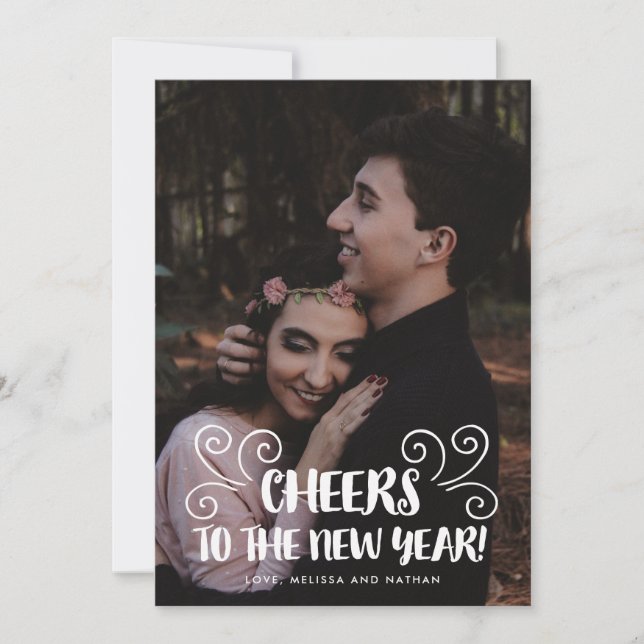 Cartão De Festividades Pincel com Letra Cheers Foto Personalizada de Ano  (Frente)