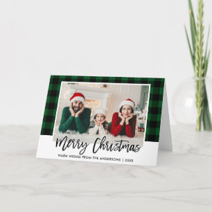 Cartão De Festividades Pincel Script Xadrez Verde Família Foto Natal