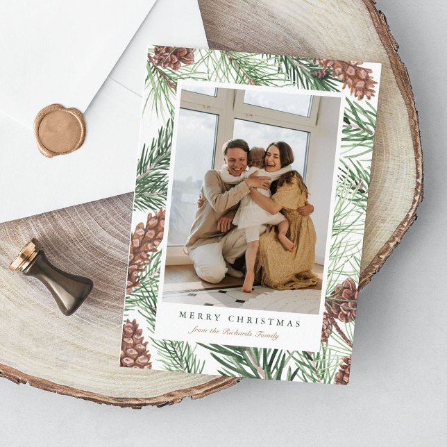 Cartão De Festividades Pine Branches Greenery Foto Natal Flat (Criador carregado)