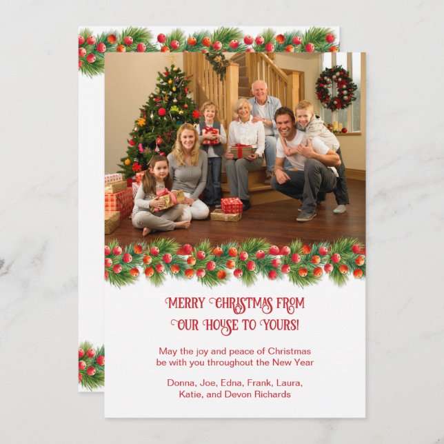Cartão De Festividades Pine Branches Holly Berries Foto de Natal (Frente/Verso)