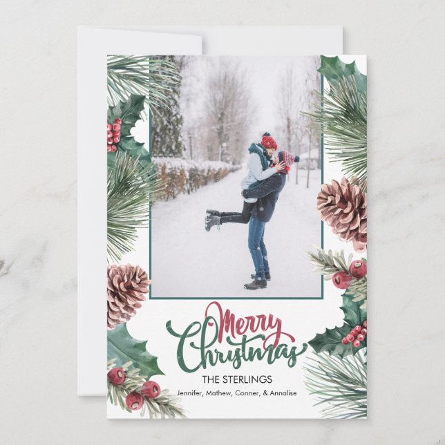 Cartão De Festividades Pine Cone Holly Branch Foto Feliz Natal (Frente)