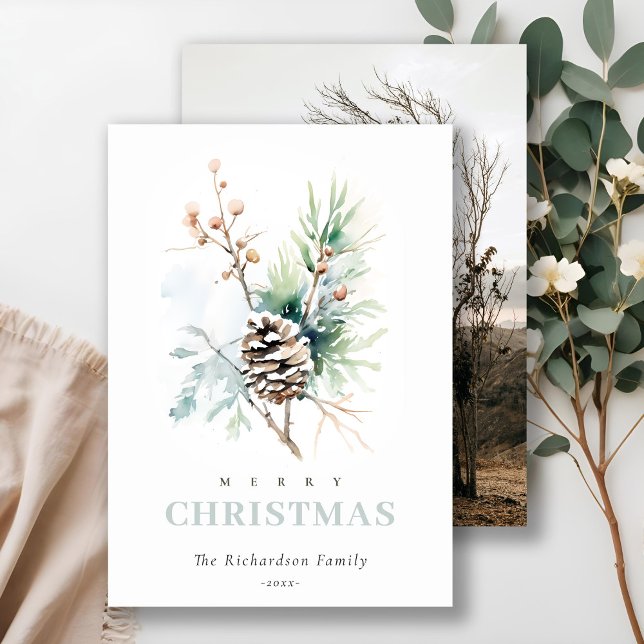 Cartão De Festividades Pine Cone Watercolor Winter Berry Photo (Criador carregado)