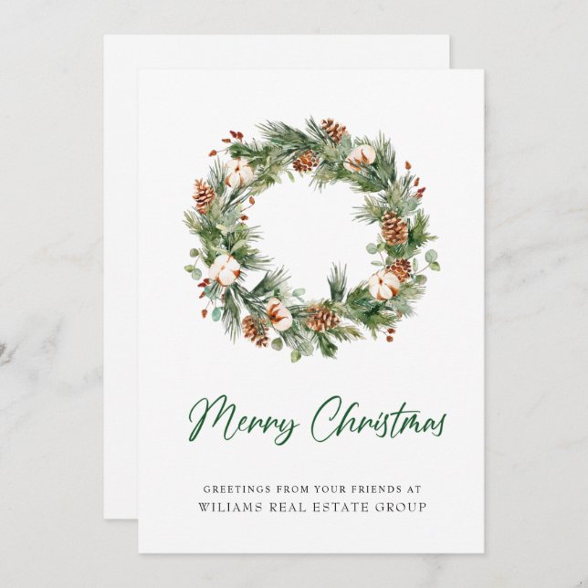 Cartão De Festividades Pine Cones Wreath na Corporação de Natal (Frente/Verso)