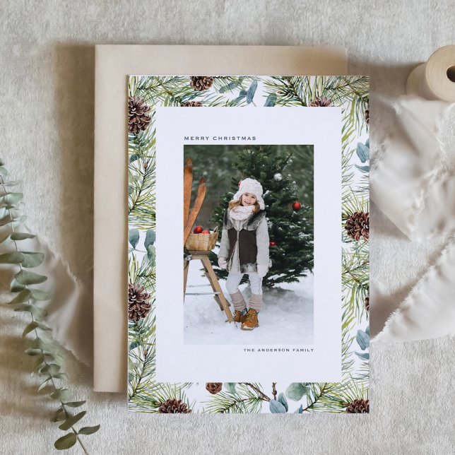 Cartão De Festividades Pine de Aquarela e Pine Cones Foto de Natal (Criador carregado)