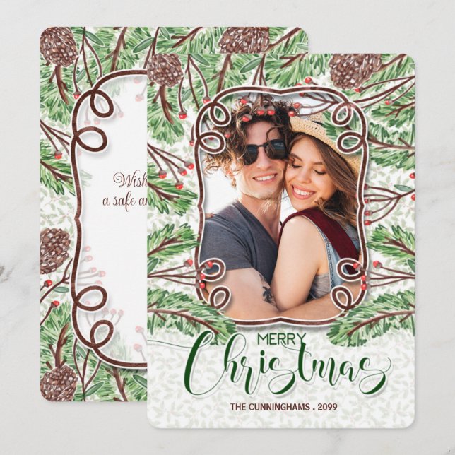 Cartão De Festividades Pine de Aquarela e Sucursais Feliz Foto de Natal (Frente/Verso)