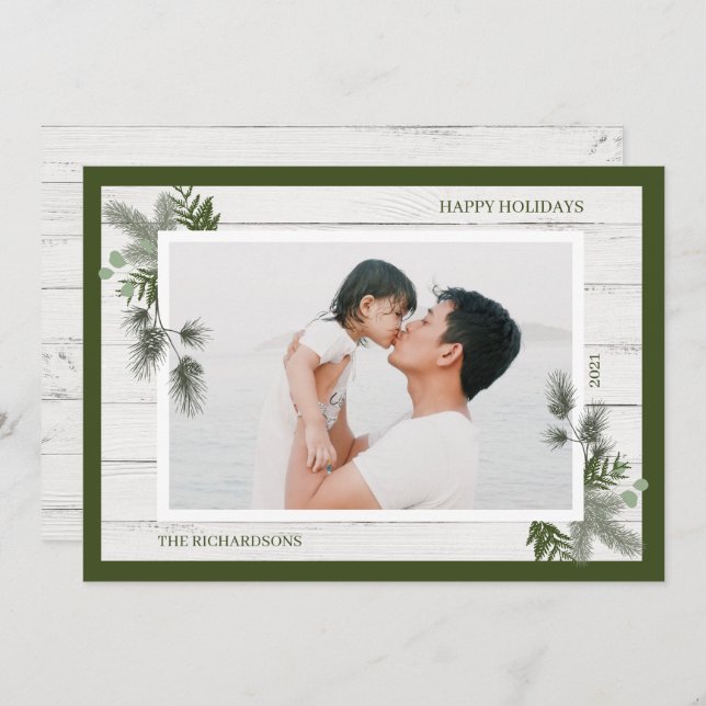 Cartão De Festividades Pine Festiva e Foto Rústica de Shiplap de Madeira  (Frente/Verso)
