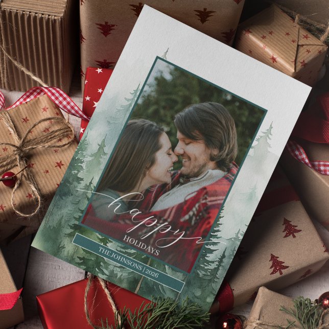 Cartão De Festividades Pine Forest Foto (Pine Forest Whimsical Photo Holiday Card)