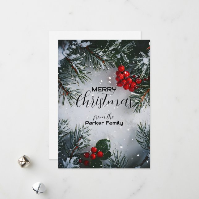 Cartão De Festividades Pine Holly Coberto Pela Neve Berries Não Foto (Frente/Verso In Situ)