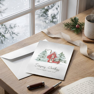 Cartão De Festividades Pine Nórdica Floresta Aquarela Vermelho Barn Natal
