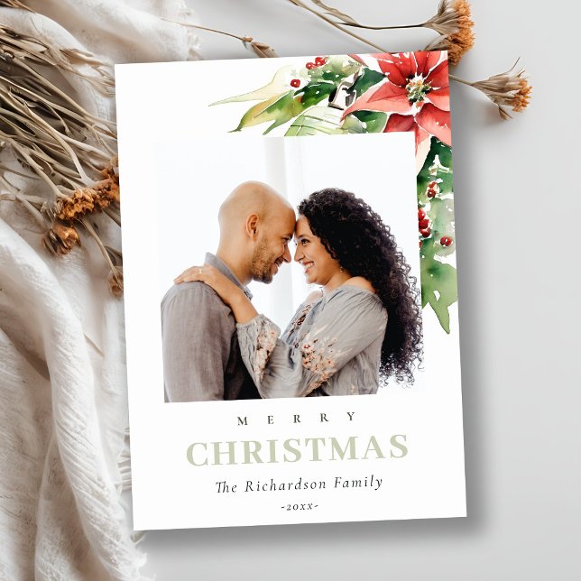 Cartão De Festividades Pine Poinsettia Watercolor Foto de Natal (Criador carregado)